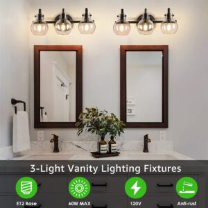 FOLKSMATE Bathroom Vanity Light Fixtures, Modern 3 Lights Wall Sconce Lighting Matte Black, Wall Lamp Wall Mount Light Fixture with Globe Glass Shade