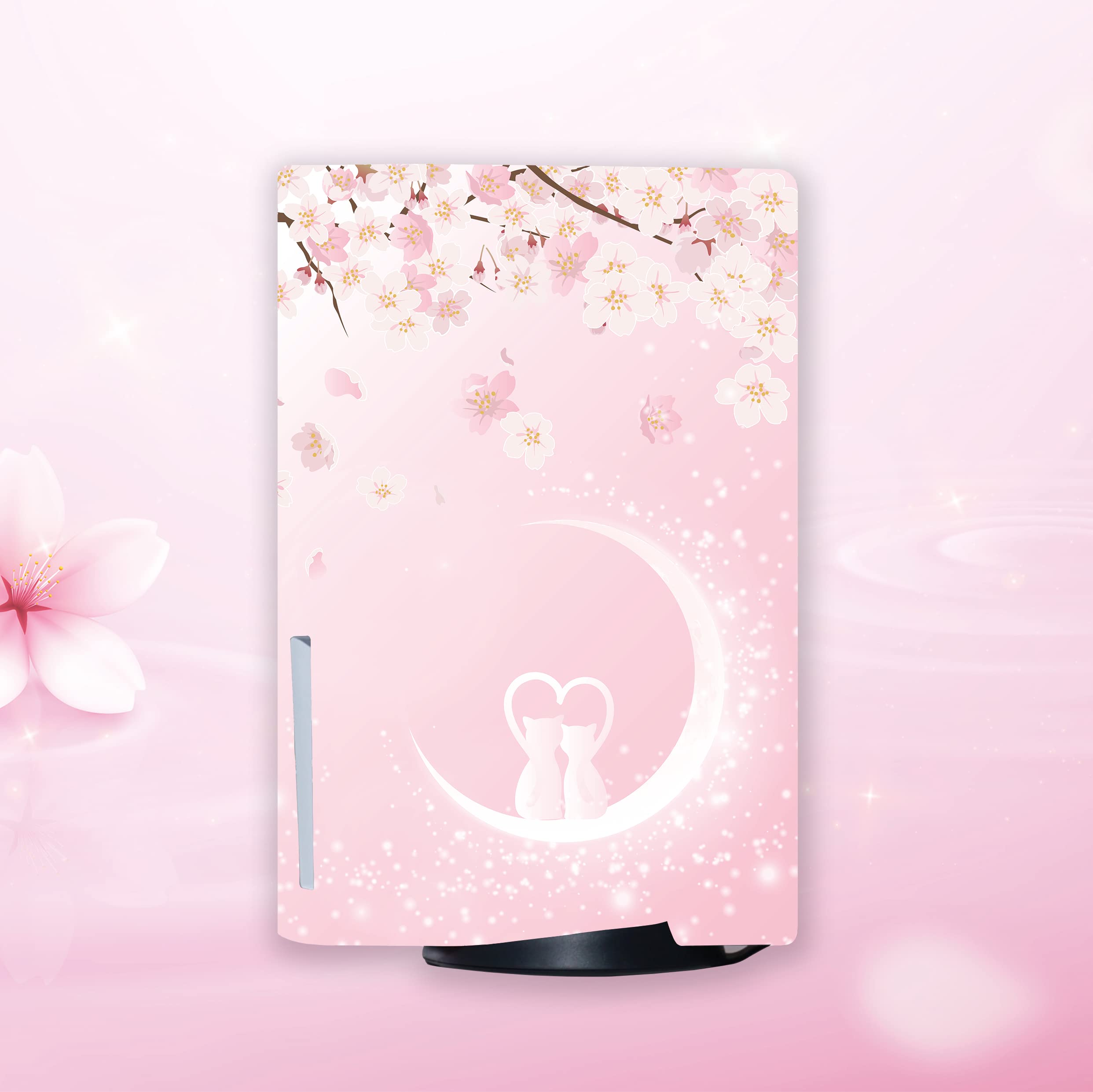 BelugaDesign Sakura Cat Skin PS5 | Anime Moon Heart Cherry Blossom Japanese | Cute Kawaii Vinyl Cover Wrap Sticker Console Controller | Compatible with Sony PlayStation 5 (PS5 Disc, Pink White)