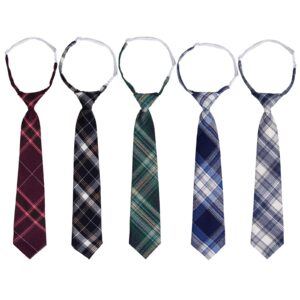 sucrain 5pcs boy's necktie pre-tied adjustable neck strap tie plaid zipper tie for wedding graduation school cosplay uniforms