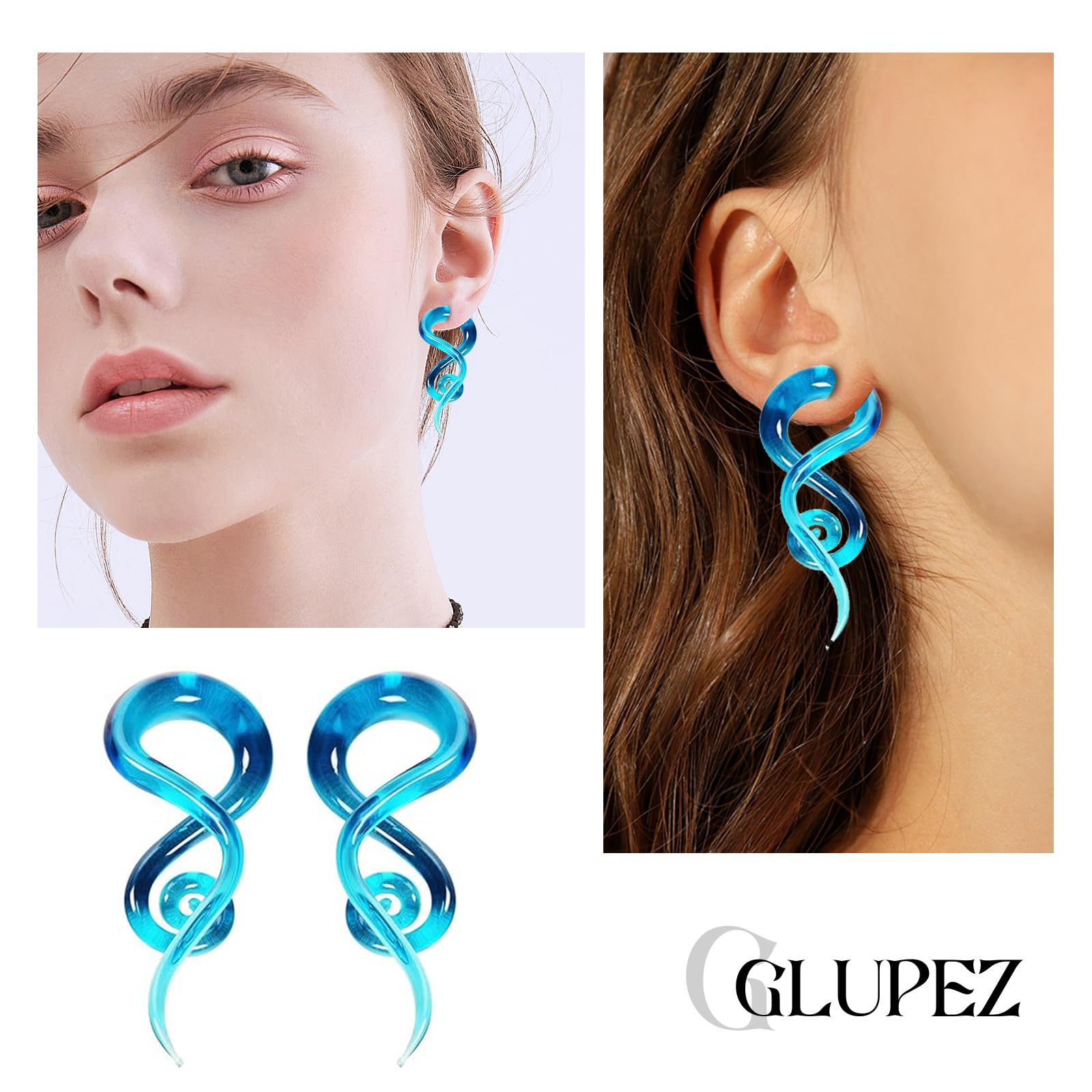 Glupez 2PCS Glass Spiral Ear Tapers Ear Plugs Expander Stretcher Hanger Twist Ear Gauges Earrings Stretching Tunnels Body Piercing Jewelry for Women Men 2G 6MM Blue