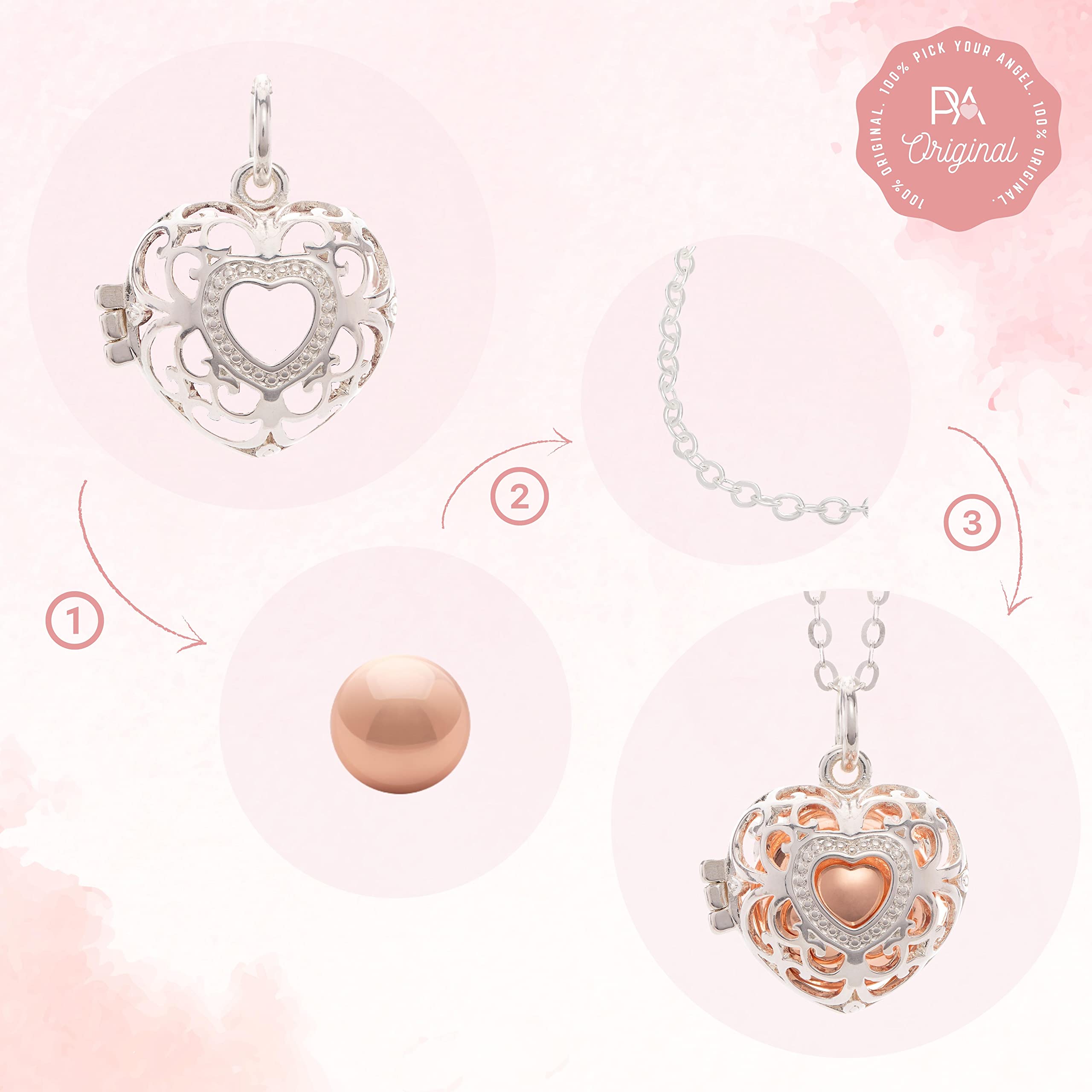 PYA “Heartsoldier” angel caller necklace 925 sterling silver 18 inch with pendant and sound ball | Individual women's jewellery made of heart pendant, guardian angel necklace and chime ball. (Rosé)