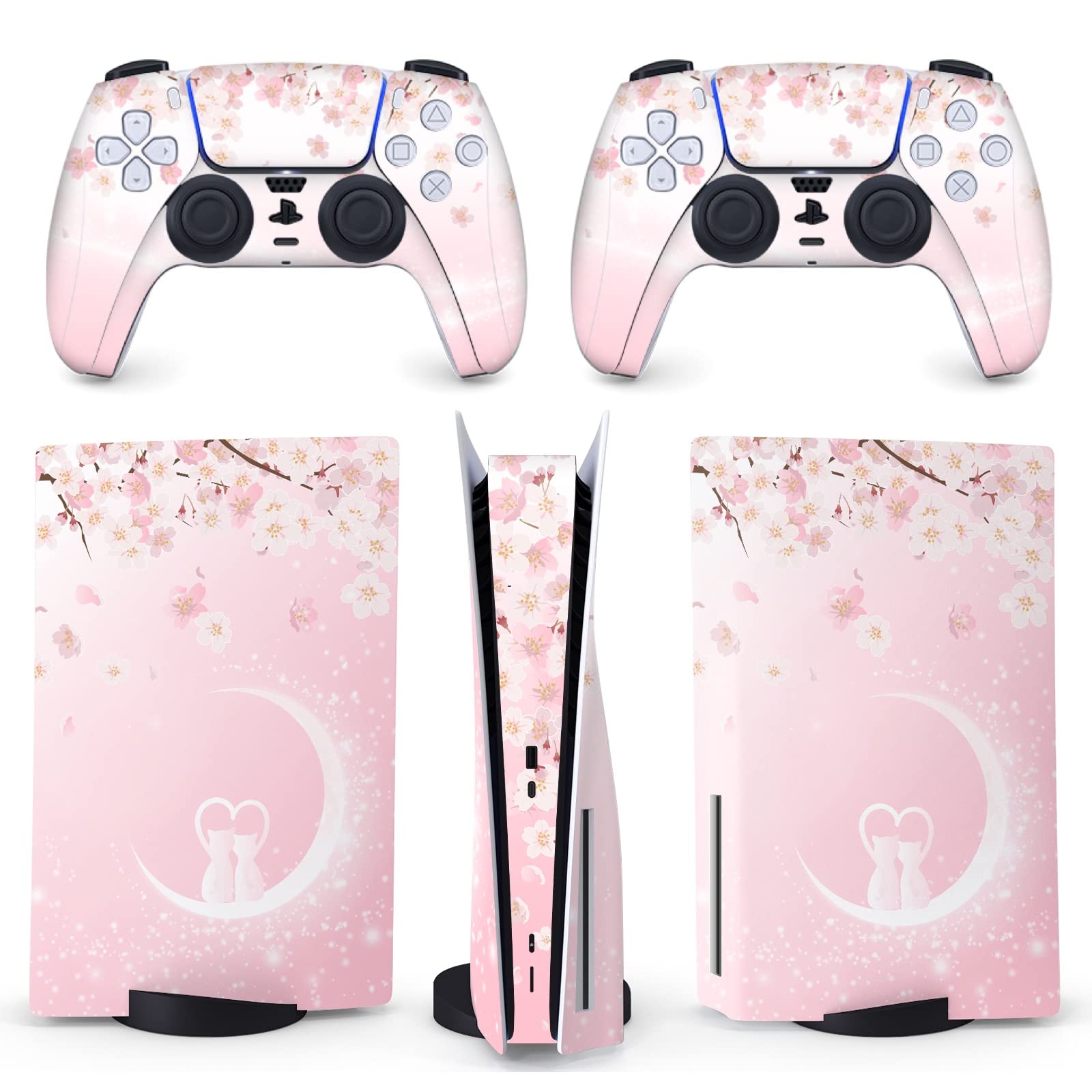 BelugaDesign Sakura Cat Skin PS5 | Anime Moon Heart Cherry Blossom Japanese | Cute Kawaii Vinyl Cover Wrap Sticker Console Controller | Compatible with Sony PlayStation 5 (PS5 Disc, Pink White)