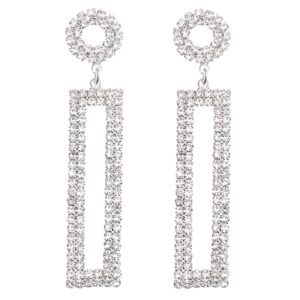 Legitta Rhinestone Long Drop Earrings Silver Cubic Zirconia Sparkly Statement Rectangle Dangle with Circle Studs for Women Wedding Jewelry