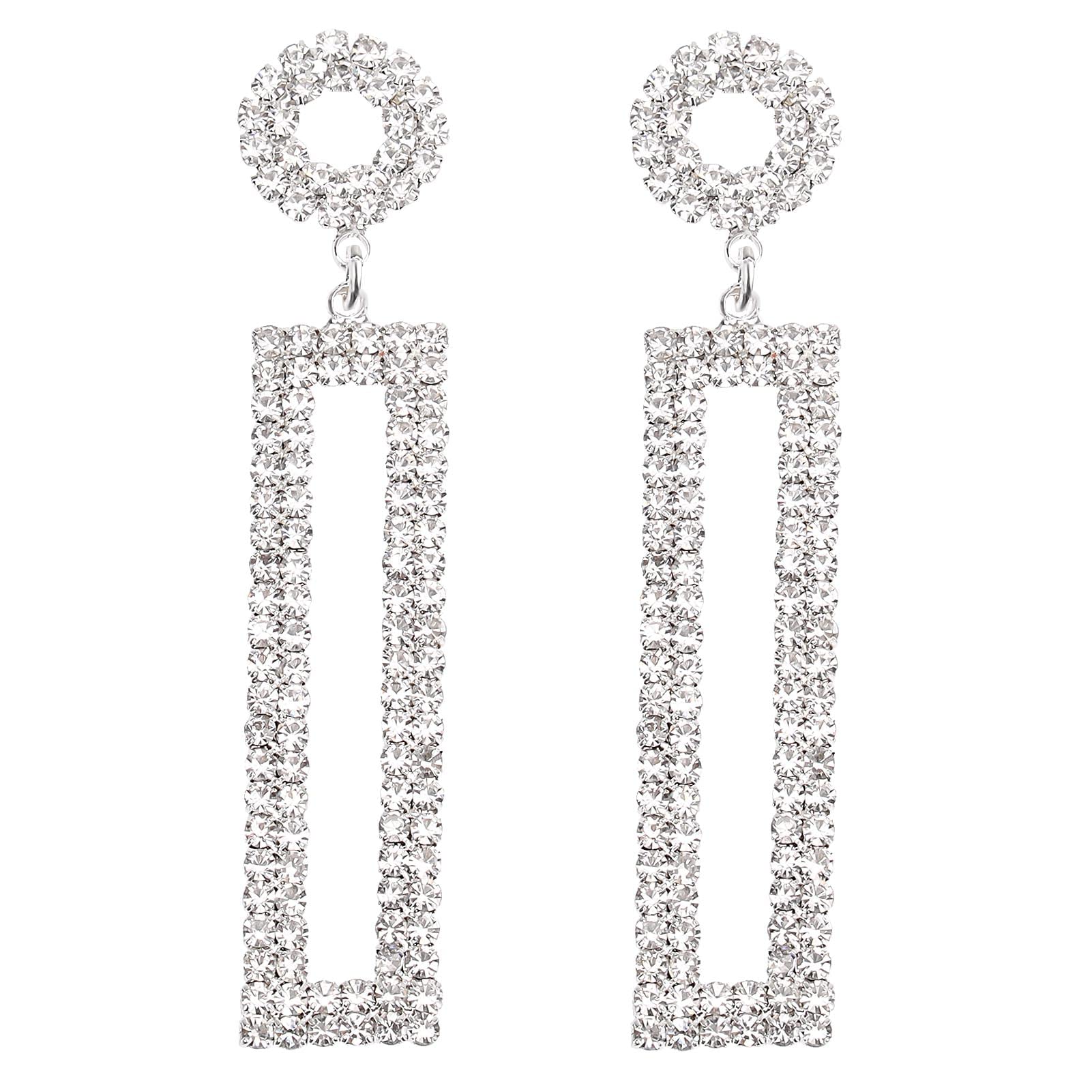 Legitta Rhinestone Long Drop Earrings Silver Cubic Zirconia Sparkly Statement Rectangle Dangle with Circle Studs for Women Wedding Jewelry