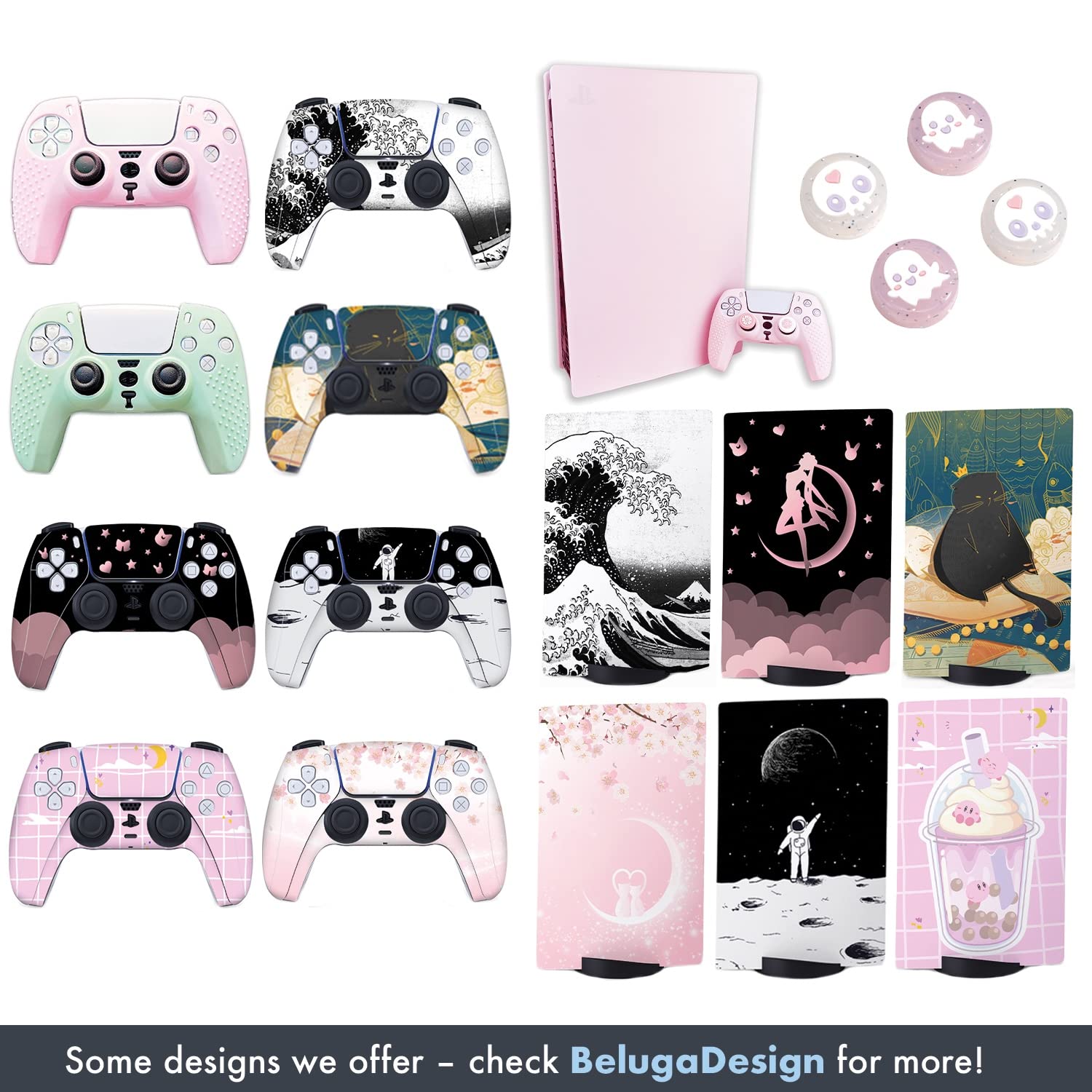 BelugaDesign Sakura Cat Skin PS5 | Anime Moon Heart Cherry Blossom Japanese | Cute Kawaii Vinyl Cover Wrap Sticker Console Controller | Compatible with Sony PlayStation 5 (PS5 Disc, Pink White)