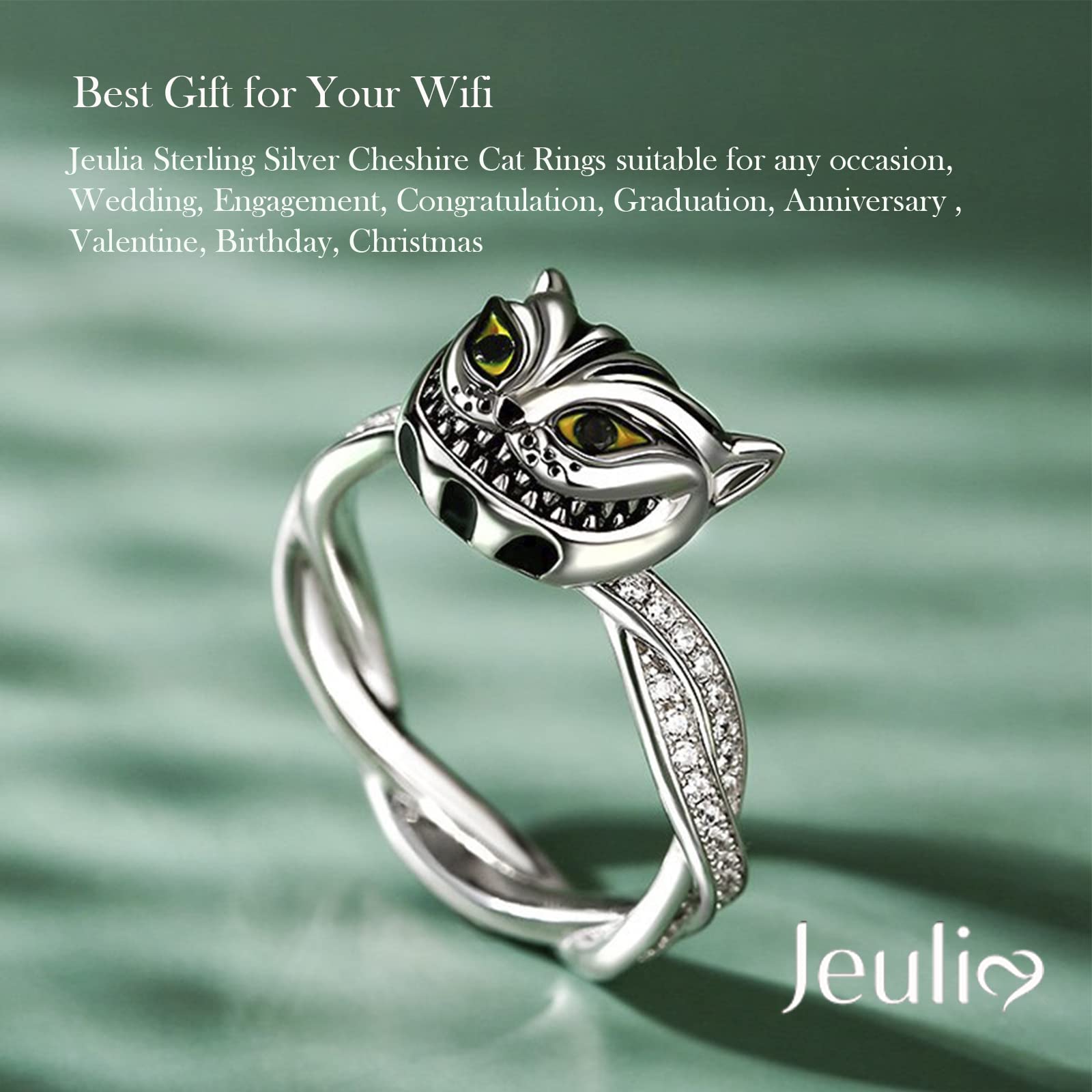 Jeulia Sterling Silver Cheshire Cat Rings for Women ​Enamel Rings Handmade Diamond White Fancy Black Cubic Zirconia ​Bridal Set Wedding Anniversary Engagement Promise with Jewelry Gift Box (silver, 7)