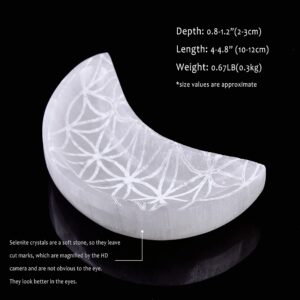 CNYANFEI 4.8” Selenite Moon Bowl Flower of Life Etched Selenite Crystal Tray for Stones White Decorative Gemstone Bowl for Home Decor Crystal Grid Gift