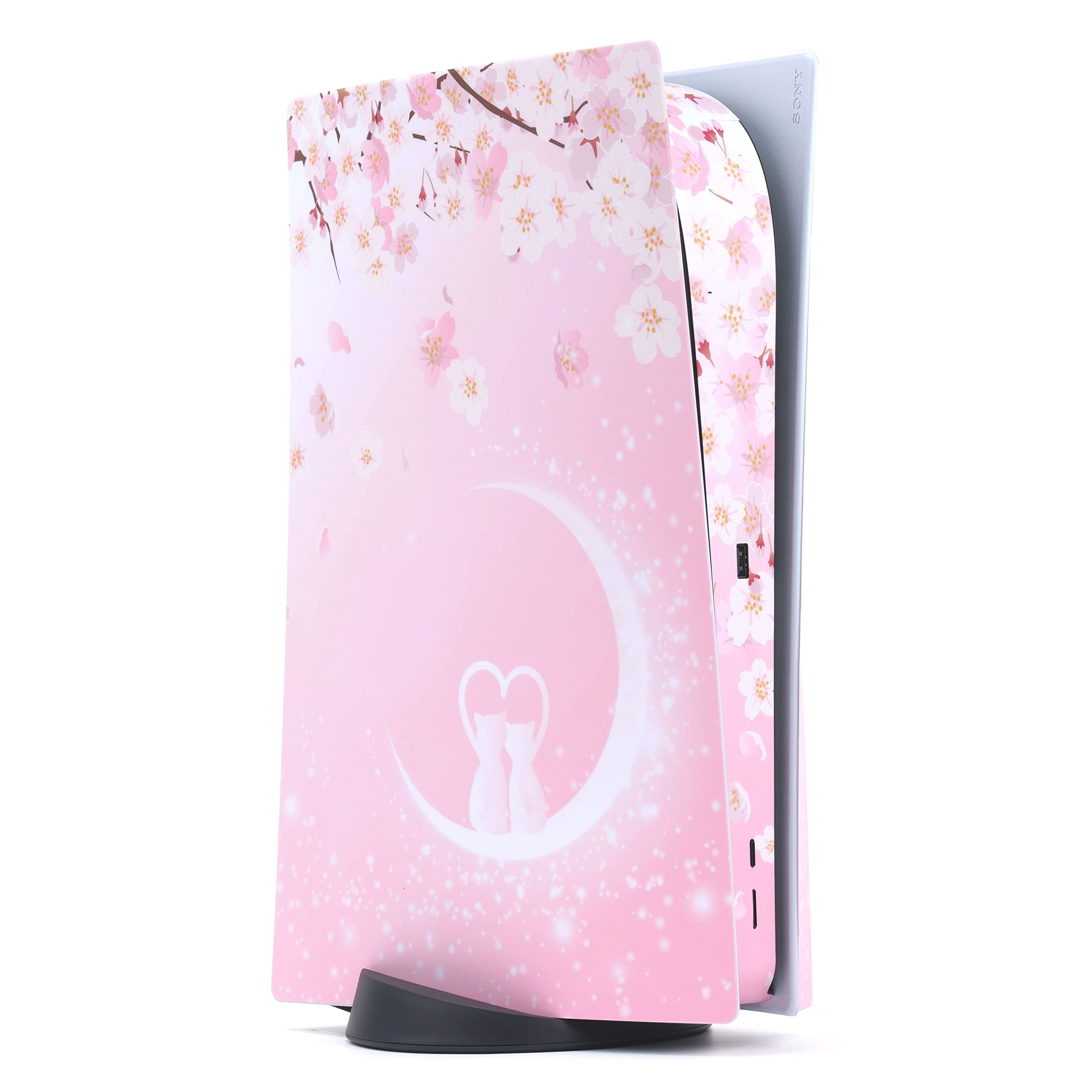 BelugaDesign Sakura Cat Skin PS5 | Anime Moon Heart Cherry Blossom Japanese | Cute Kawaii Vinyl Cover Wrap Sticker Console Controller | Compatible with Sony PlayStation 5 (PS5 Disc, Pink White)