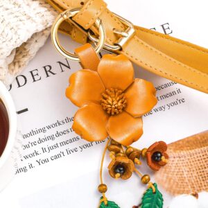 Inbagi Leather Leaf Flower Tassel Keychain Boho Accessories Cute Keychains for Women Wallet Bag Purse Ring Pendant Charms (Yellow)