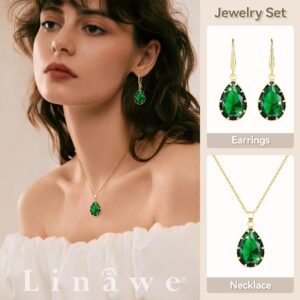 Linawe Emerald Crystal Jewelry Sets for Women, Gold Pendant Necklace Set, Green Diamond Drop Dangle Earrings Set, Boho Rhinestone Matching Jewelry for Wedding Bridal Bridesmaid