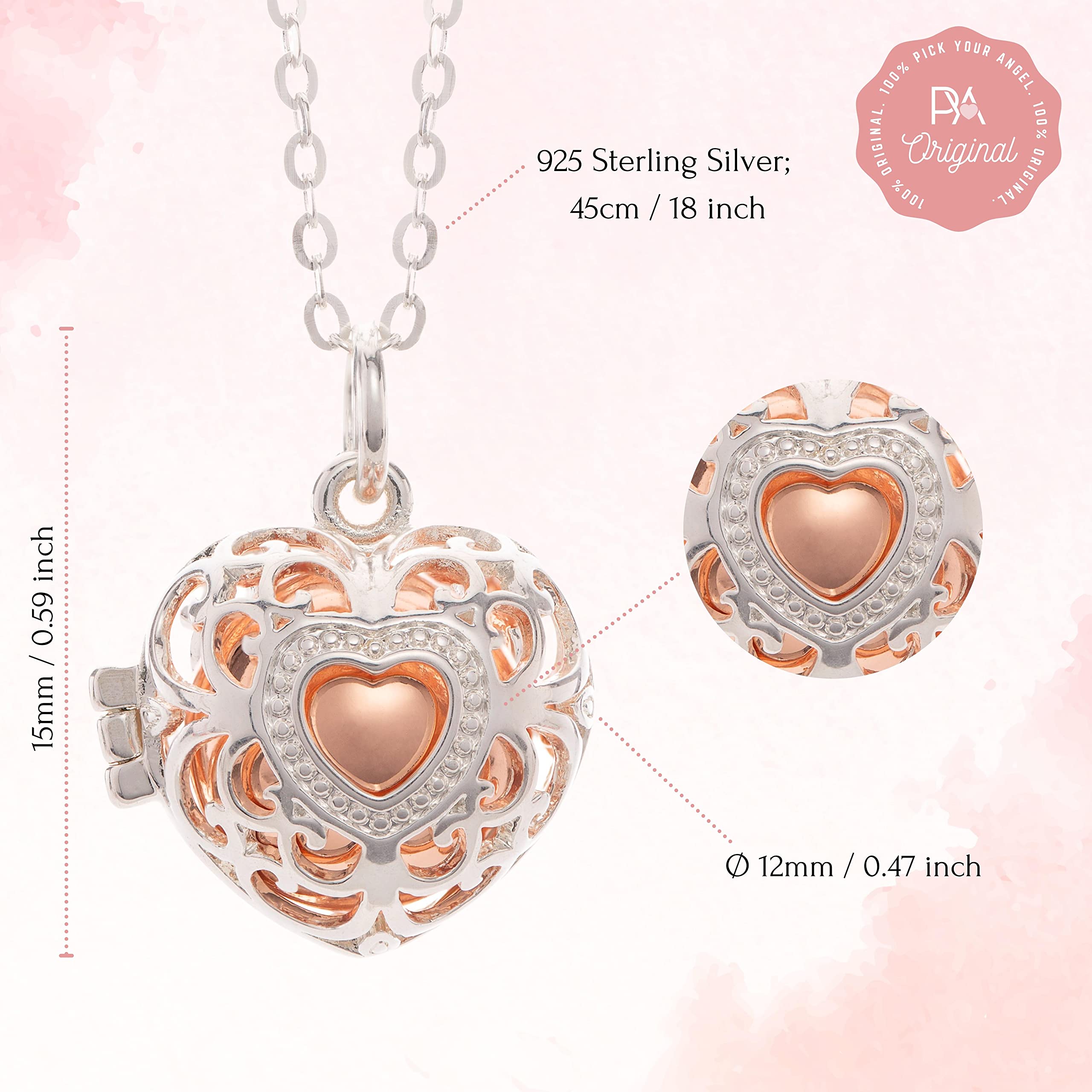 PYA “Heartsoldier” angel caller necklace 925 sterling silver 18 inch with pendant and sound ball | Individual women's jewellery made of heart pendant, guardian angel necklace and chime ball. (Rosé)