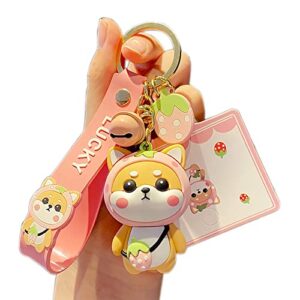 HSYHERE Men Women Boys Girls Silicone Cute PVC Shiba Inu Keychain Creative New Year Gift Bag Animal Pendant Car Key Pendant Metal Key Ring-Shiba Inu Strawberry(Pink)