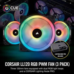 Corsair LL Series LL120 Black RGB 120mm Dual Light Loop RGB LED PWM Fan 3 Fan Pack with Lighting Node Pro (CO-9050072-WW) (Renewed)