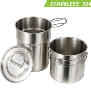 DZRZVD Camping Cups and Mugs Pot 2Pcs -304 Food Grade Stainless Steel - Outdoor Cookware Set with Vented Lid -33oz Big+24oz Small for Backpacking Picnic Hiking