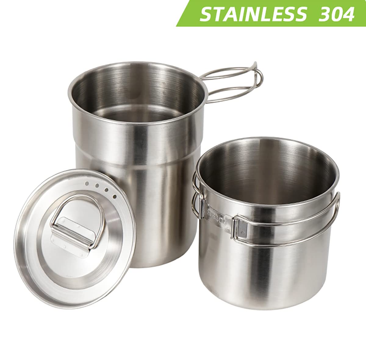 DZRZVD Camping Cups and Mugs Pot 2Pcs -304 Food Grade Stainless Steel - Outdoor Cookware Set with Vented Lid -33oz Big+24oz Small for Backpacking Picnic Hiking