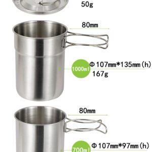 DZRZVD Camping Cups and Mugs Pot 2Pcs -304 Food Grade Stainless Steel - Outdoor Cookware Set with Vented Lid -33oz Big+24oz Small for Backpacking Picnic Hiking