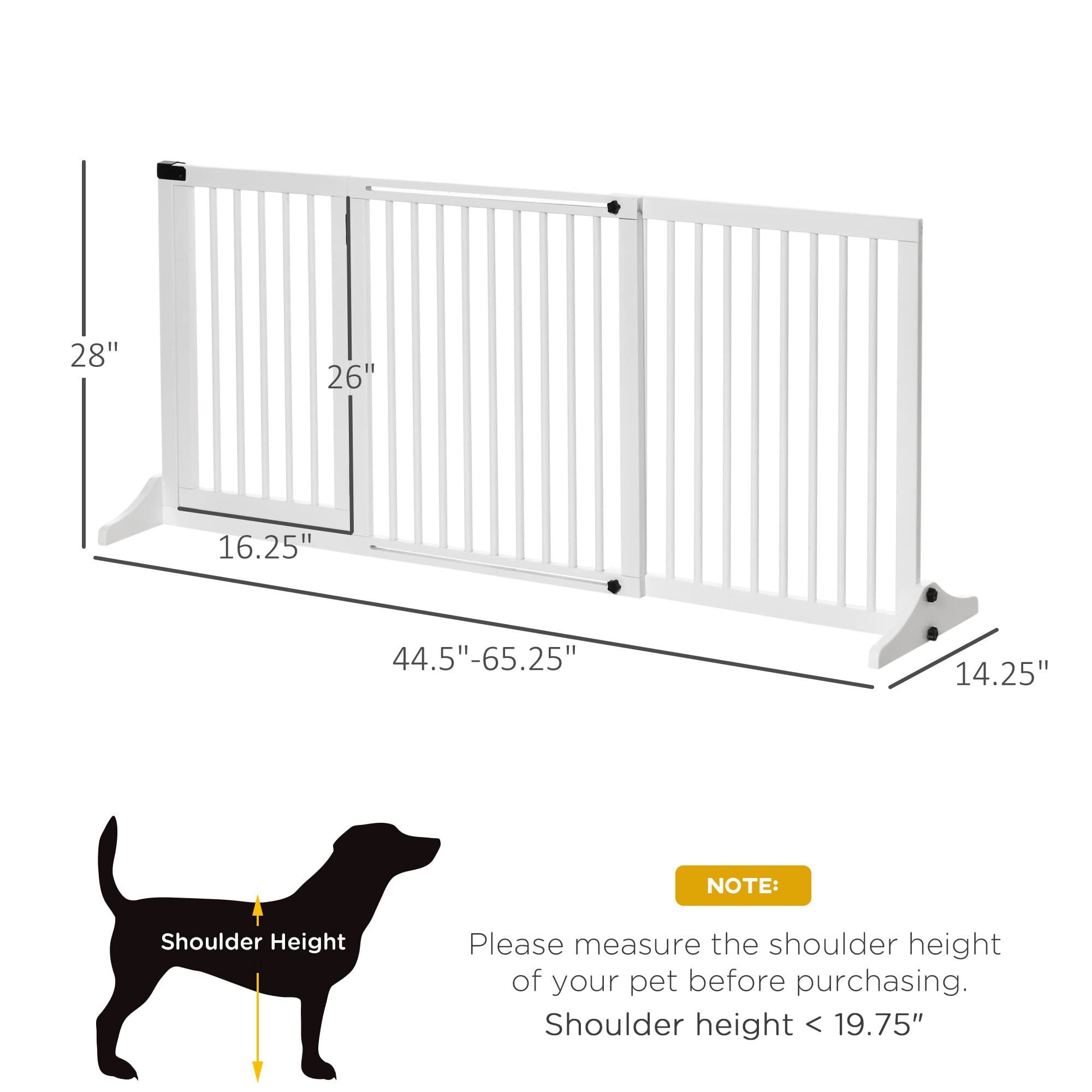 PawHut Adjustable Wooden Pet Gate, Freestanding Dog Fence for Doorway, Hall, 3 Panels w/Safety Barrier, Lockable Door, White, 44.5"-65.25" L x 14.25" H