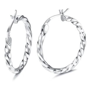 milacolato 925 sterling silver hoop earrings for women 18k white gold plated twisted hoop earrings hypoallergenic lightweight click-top big hoop earrings 25mm