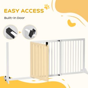 PawHut Adjustable Wooden Pet Gate, Freestanding Dog Fence for Doorway, Hall, 3 Panels w/Safety Barrier, Lockable Door, White, 44.5"-65.25" L x 14.25" H