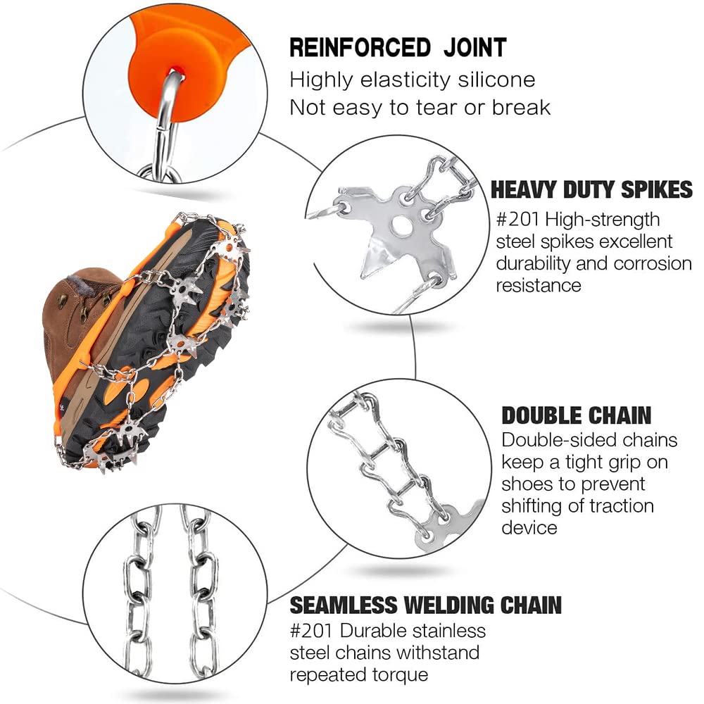 Grectek Newest 24 Spikes Crampons Ice Cleats Traction Snow Grips for Boots Stainless Steel Spikes Shoes Safe Protect for Fishing, Walking, Climbing or Hiking on Snow and Ice (Orange, X-Large)