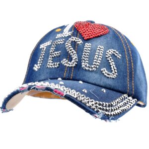 elonmo bling rhinestone hats,i love jesus design womens baseball cap golf hat jeans wash denim adjustable (color a)