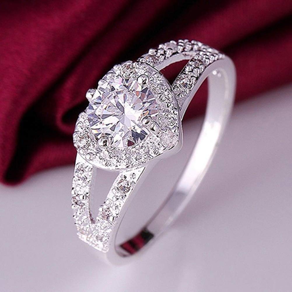 Bluelans Womens 925 Sterling Silver Plated Love Heart Crystal Diamonds Wedding Ring Promise Engagement Ring Anniversary Engagement Band Jewellery for Women Her Chriistmas Valentines Day Gifts US 9