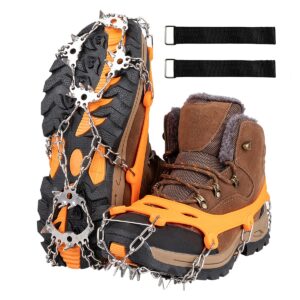 Grectek Newest 24 Spikes Crampons Ice Cleats Traction Snow Grips for Boots Stainless Steel Spikes Shoes Safe Protect for Fishing, Walking, Climbing or Hiking on Snow and Ice (Orange, X-Large)