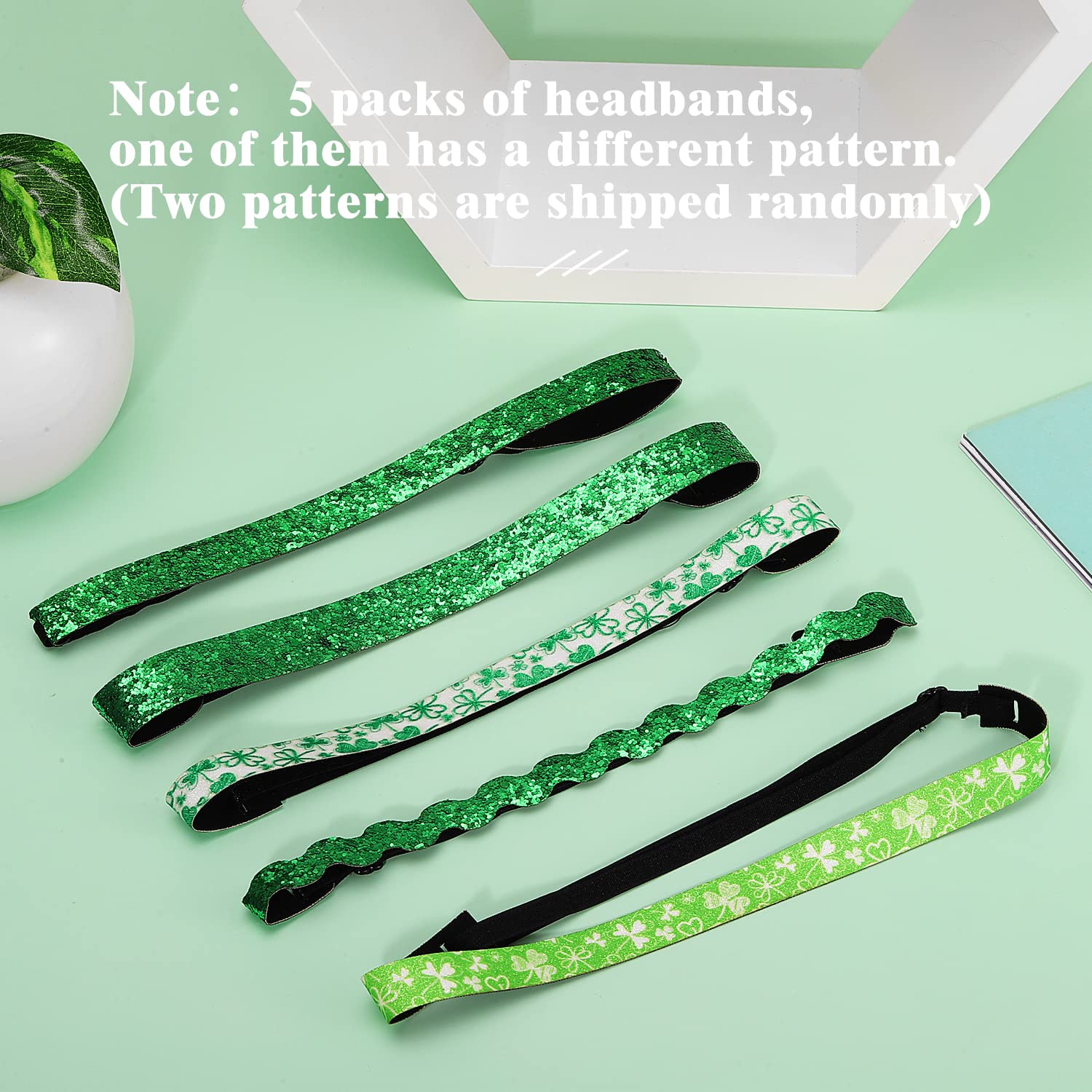 MoKo St Patricks Day Headband 5Pack, Non-Slip Stretchy Green Glitter Clover Headbands Accessories for Women Girls Teens