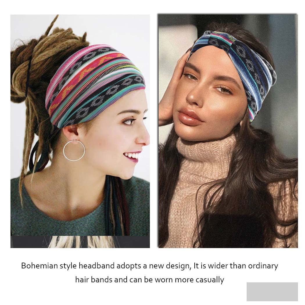 GORTIN Boho Headbands Blue Extre Wide Headband Stretch Turban Hair Bans Yaga Knotted Headwraps Twist Workout Head Hands for Women and Girls Pack of 3 (Headbands A)