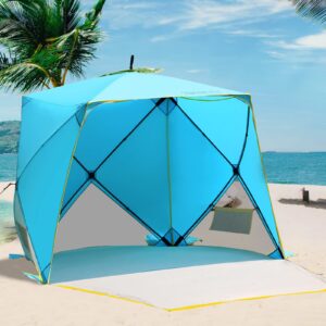 old bahama bay pop up beach tent, portable shade sun shelter upf50+ uv protection for 4 person extendable floor for fishing hiking camping, waterproof windproof(blue)