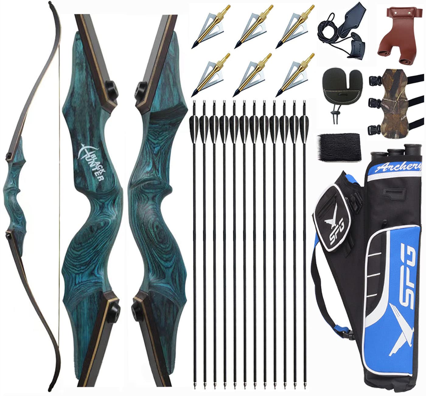 Vogbel 60" Archery Bow and Arrows Set for Adults Black Hunter Takedown Recurve Bow Survival Bow Hunting Longbow Bamboo Core Limbs for Right Handed Shooters Target Shooting Practice(60LB)