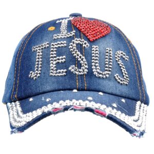 Elonmo Bling Rhinestone Hats,I Love Jesus Design Womens Baseball Cap Golf Hat Jeans Wash Denim Adjustable (Color A)