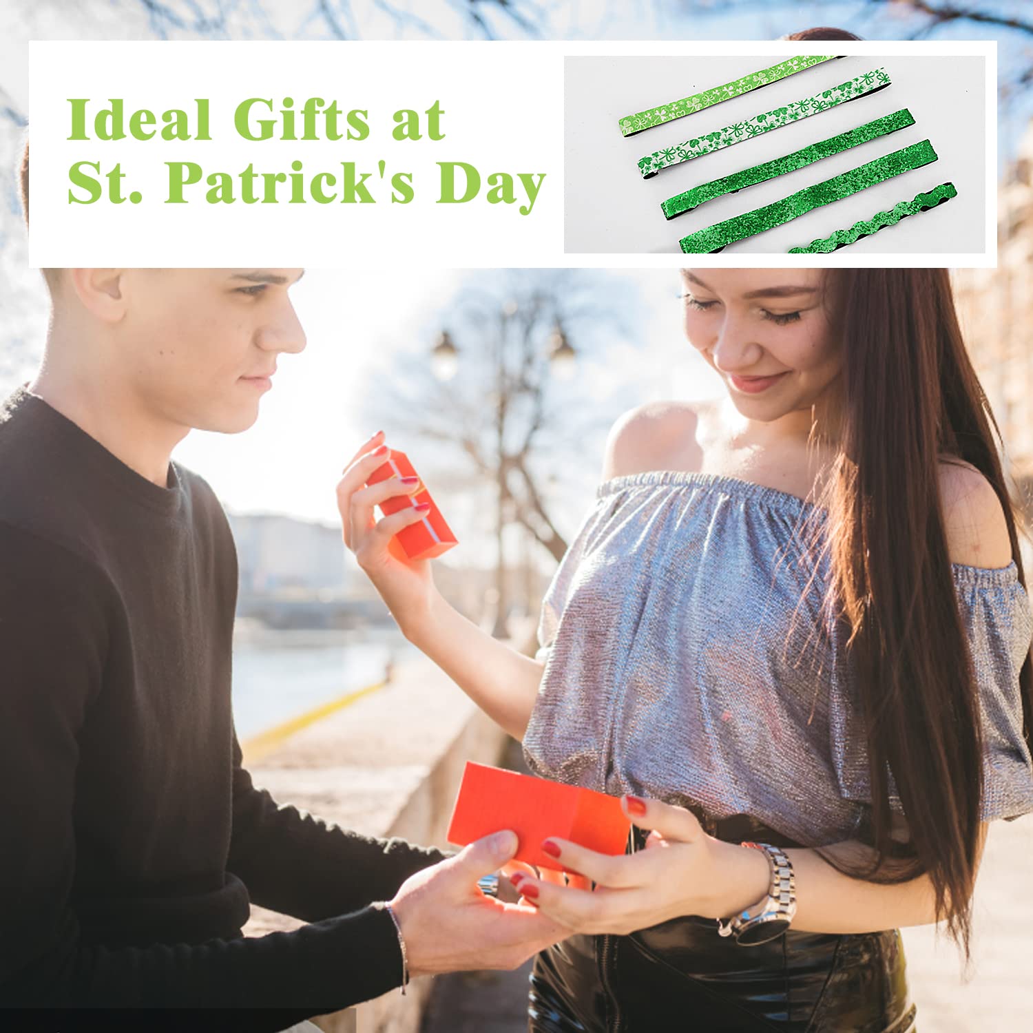 MoKo St Patricks Day Headband 5Pack, Non-Slip Stretchy Green Glitter Clover Headbands Accessories for Women Girls Teens