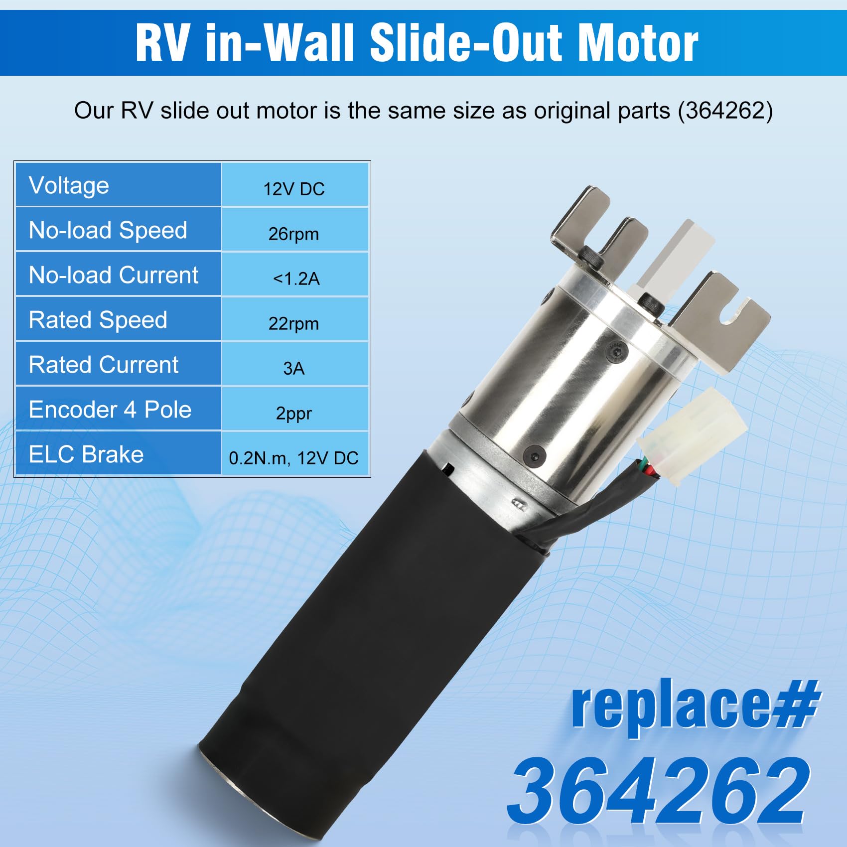 364262 RV in-Wall Slide-Out Motor, 42mm Mid Torque Motor with Brake, RV SlimRack in-wall Slide-Out Motor, SlimRack Slide-Out Motor with Brake compatible with Lippert Schwintek in-Wall Slide System