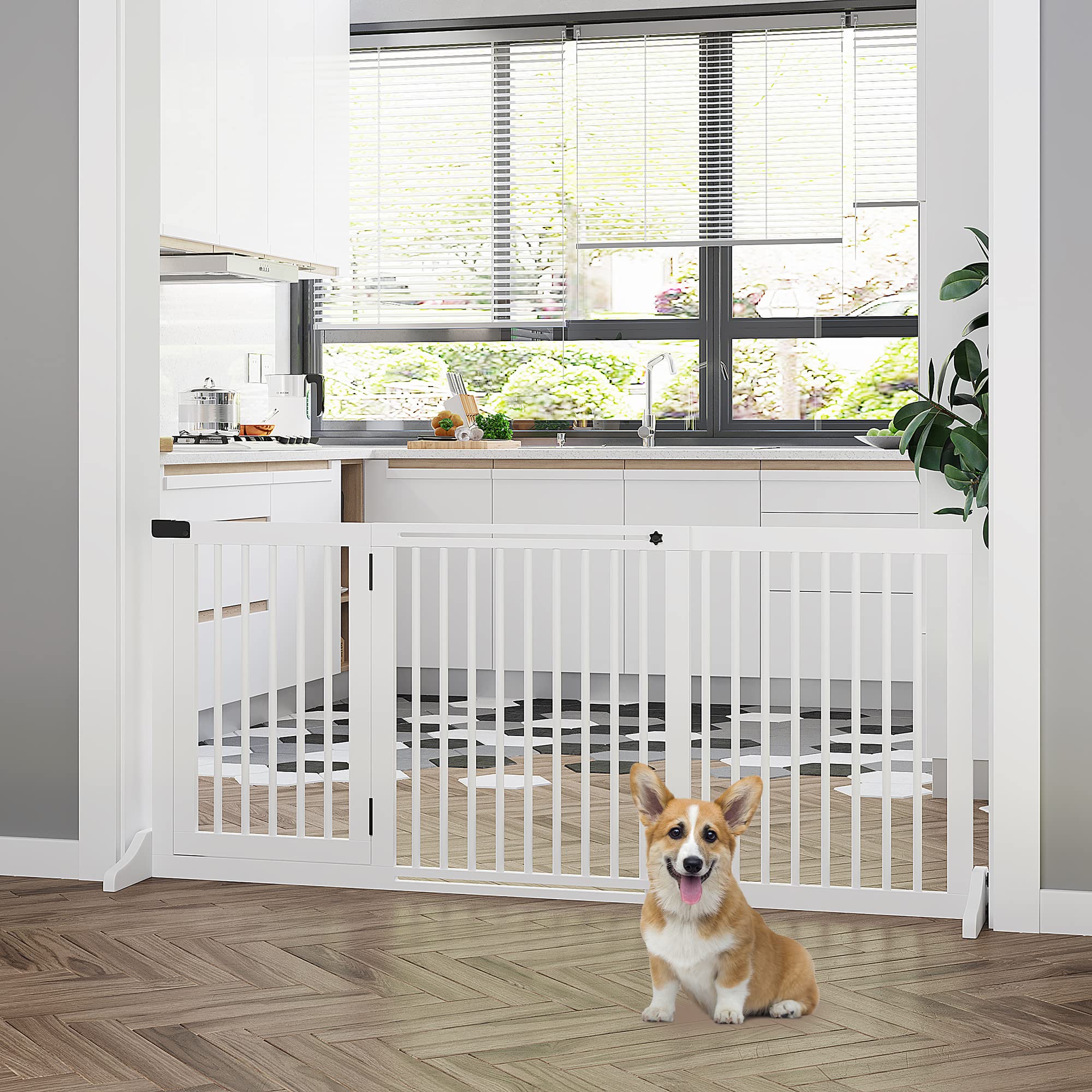 PawHut Adjustable Wooden Pet Gate, Freestanding Dog Fence for Doorway, Hall, 3 Panels w/Safety Barrier, Lockable Door, White, 44.5"-65.25" L x 14.25" H