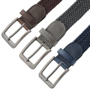 GALLERY SEVEN Woven Elastic Braided Belt For Men - Fabric Stretch Casual Belt- 3 Pack - Gray/Brown/Navy - Small (32-36")