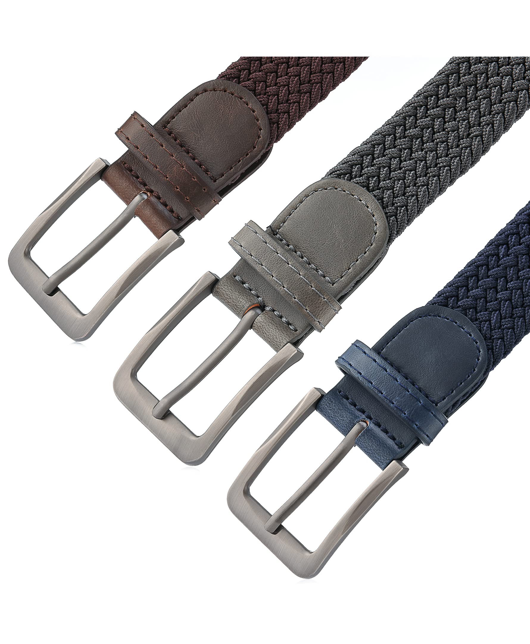 GALLERY SEVEN Woven Elastic Braided Belt For Men - Fabric Stretch Casual Belt- 3 Pack - Gray/Brown/Navy - Small (32-36")