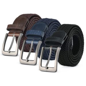 GALLERY SEVEN Woven Elastic Braided Belt For Men - Fabric Stretch Casual Belt- 3 Pack - Navy/Black/Brown - Small (32-36")