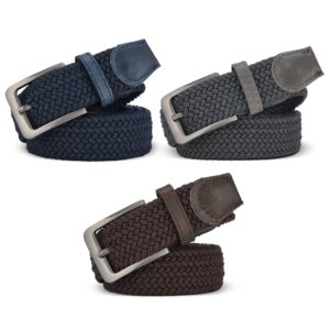 GALLERY SEVEN Woven Elastic Braided Belt For Men - Fabric Stretch Casual Belt- 3 Pack - Gray/Brown/Navy - Small (32-36")