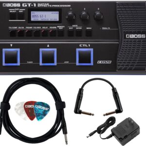 BOSS GT-1 Guitar Effects Processor Bundle with AC Adapter, Instrument Cable, Patch Cable, and Picks