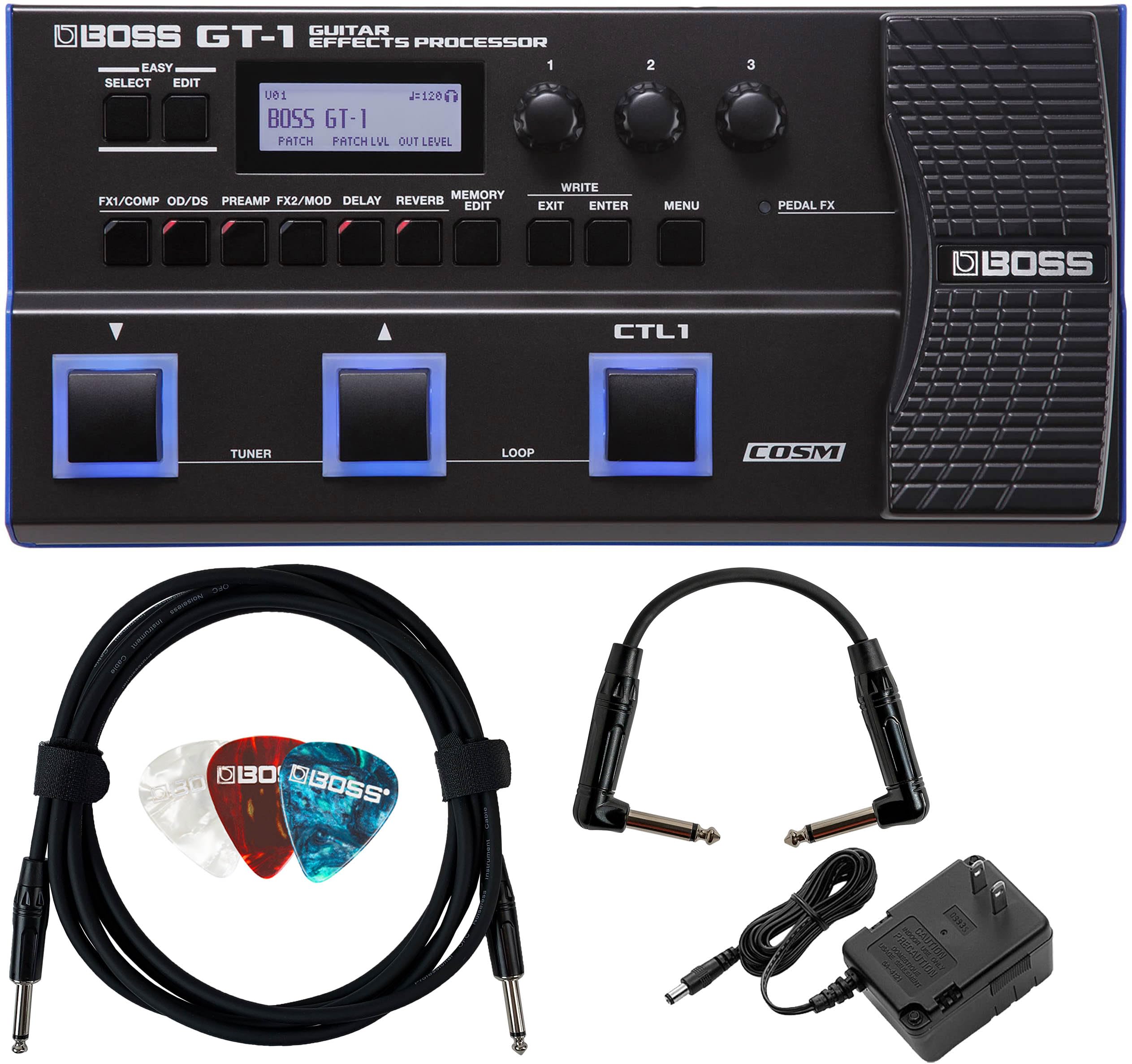 BOSS GT-1 Guitar Effects Processor Bundle with AC Adapter, Instrument Cable, Patch Cable, and Picks