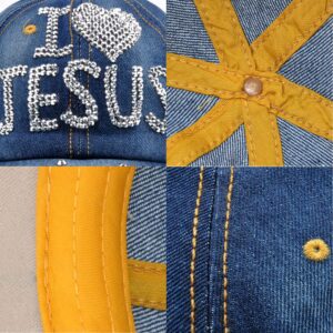 Elonmo Bling Rhinestone Hats,I Love Jesus Design Womens Baseball Cap Golf Hat Jeans Wash Denim Adjustable (Color A)