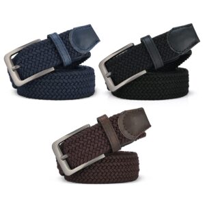 GALLERY SEVEN Woven Elastic Braided Belt For Men - Fabric Stretch Casual Belt- 3 Pack - Navy/Black/Brown - Small (32-36")