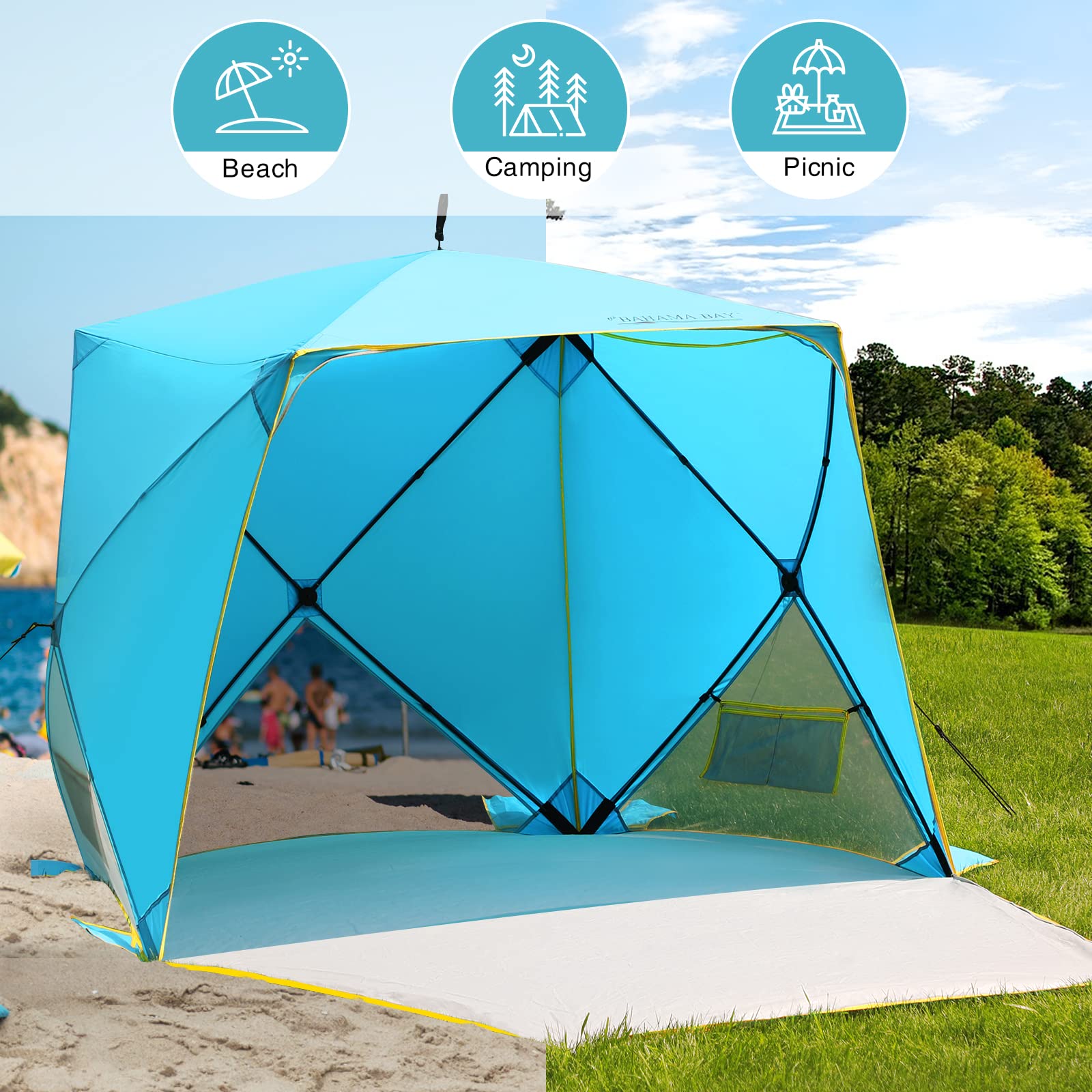 Old Bahama Bay Pop Up Beach Tent, Portable Shade Sun Shelter UPF50+ UV Protection for 4 Person Extendable Floor for Fishing Hiking Camping, Waterproof Windproof(Blue)