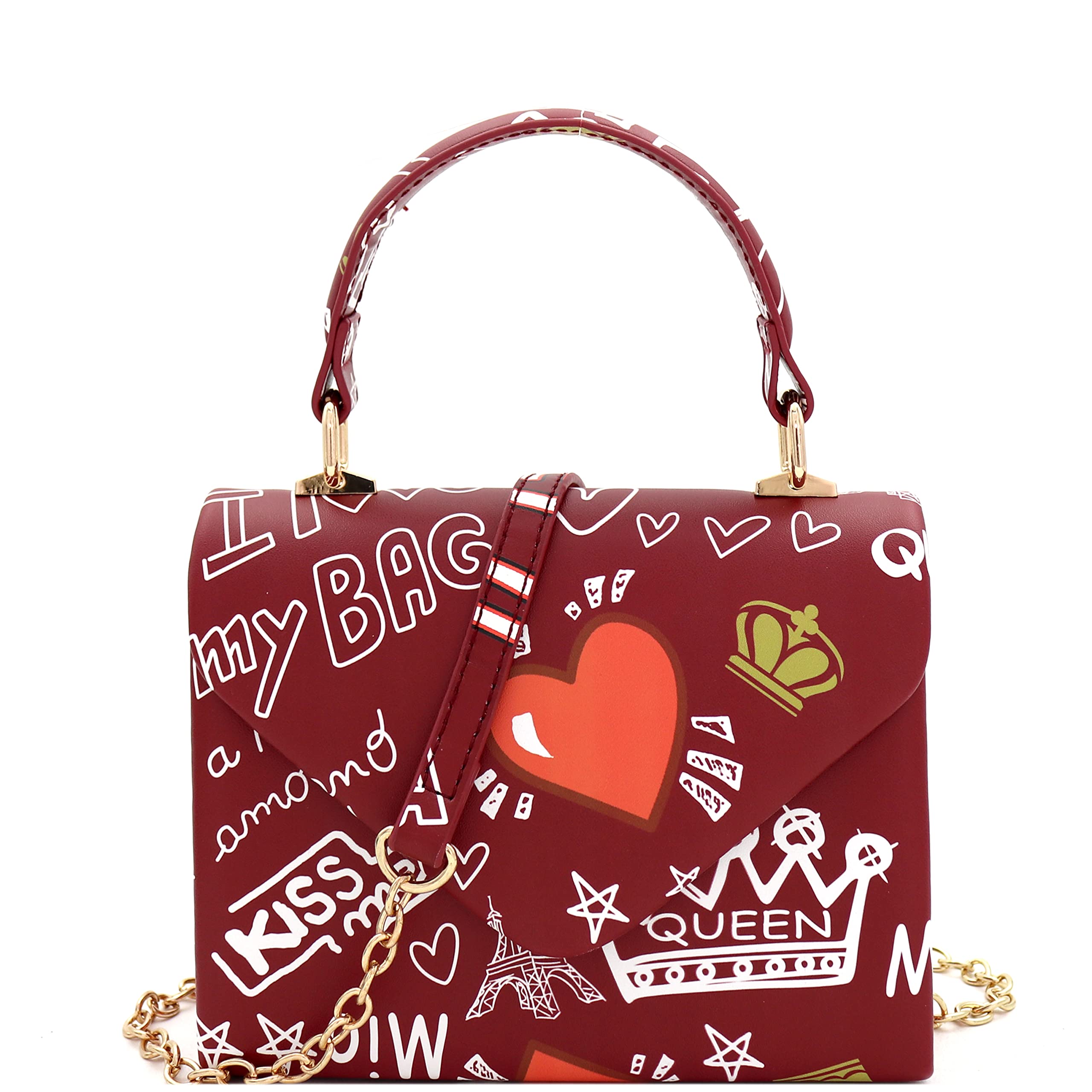 Trendeology Mini Top-Handle Heart Graphics Box Flap PU Leather Satchel Purse Crossbody