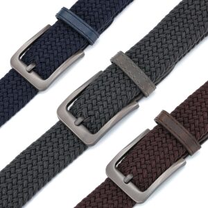 GALLERY SEVEN Woven Elastic Braided Belt For Men - Fabric Stretch Casual Belt- 3 Pack - Gray/Brown/Navy - Small (32-36")