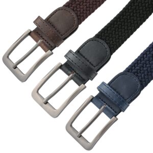 GALLERY SEVEN Woven Elastic Braided Belt For Men - Fabric Stretch Casual Belt- 3 Pack - Navy/Black/Brown - Small (32-36")