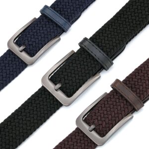 GALLERY SEVEN Woven Elastic Braided Belt For Men - Fabric Stretch Casual Belt- 3 Pack - Navy/Black/Brown - Small (32-36")