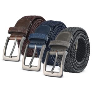 GALLERY SEVEN Woven Elastic Braided Belt For Men - Fabric Stretch Casual Belt- 3 Pack - Gray/Brown/Navy - Small (32-36")