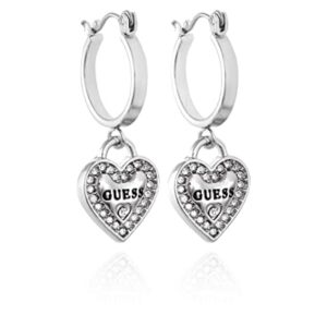 GUESS Silvertone Logo Heart Dangle Charm Hoop Earrings